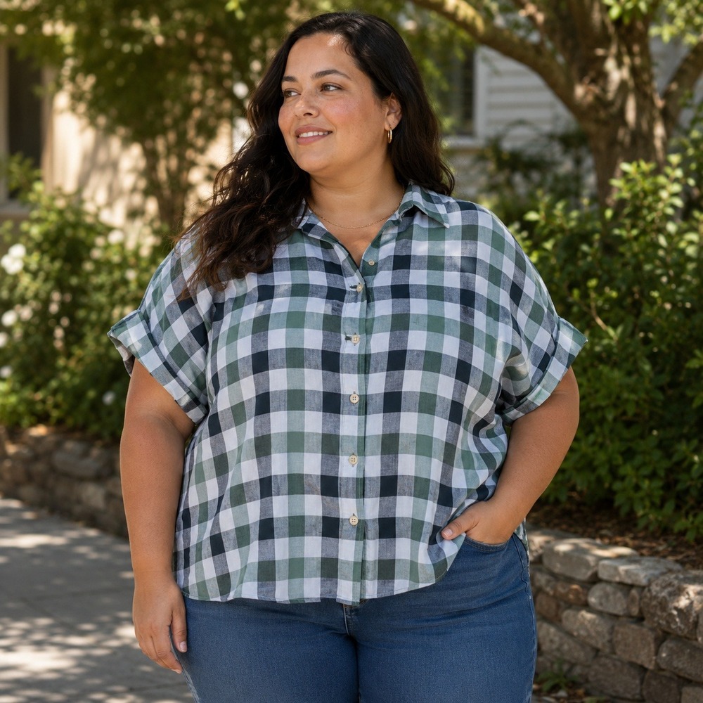 LL Bean Womens 2X Plus Green Blue Buffalo Plaid Tencel Short Sleeve Shirt